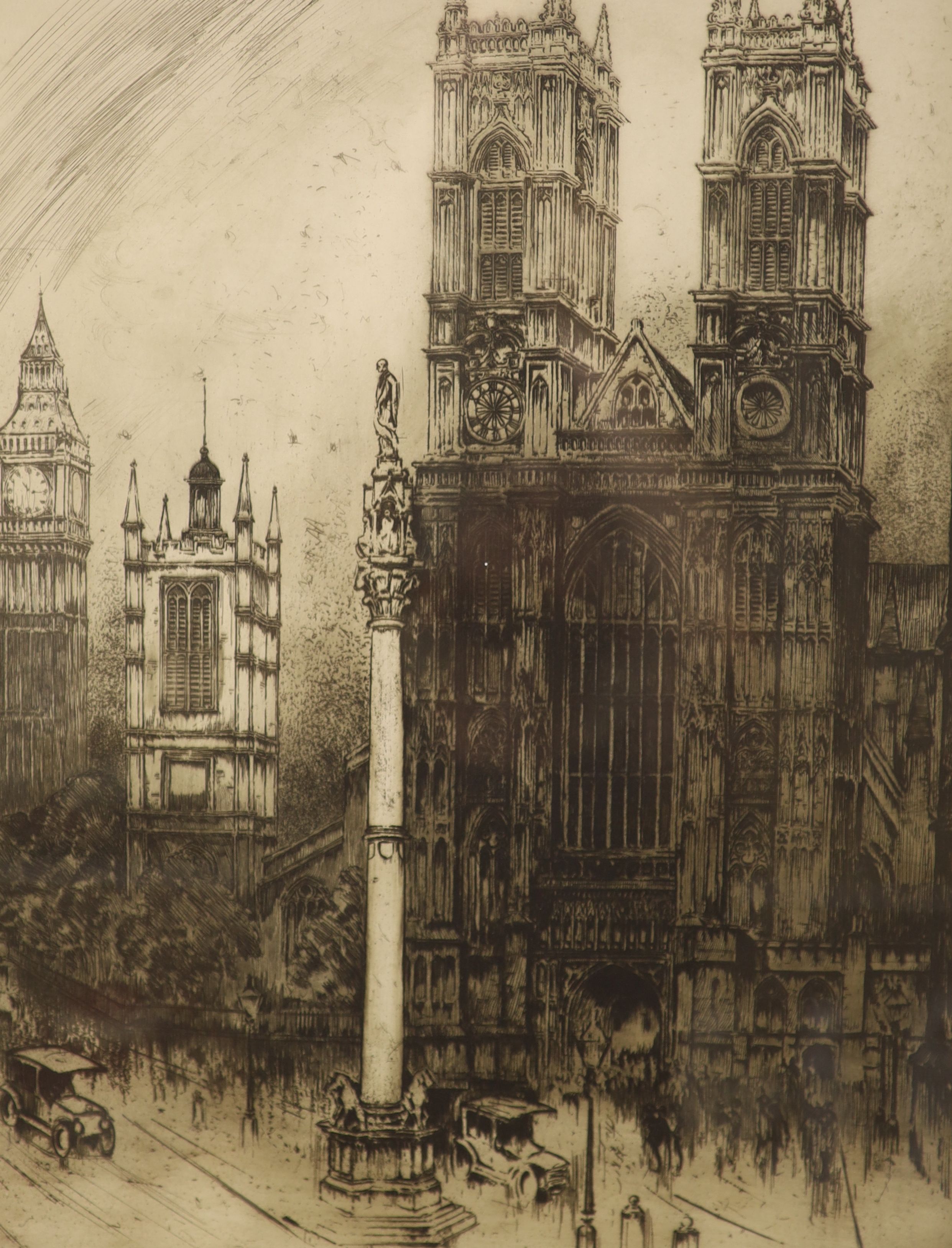Louis Weirter (1873-1932), drypoint etching, Westminster Abbey, signed in pencil, 5/60, 50 x 37cm